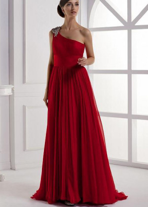 One Shoulder Beaded Red Chiffon Sexy Evening Dress
